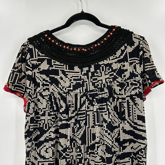 ANTHROPOLOGIE Floreat Abelia Black White Embroidered Fringe Boho Dress Large - Picture 8 of 10